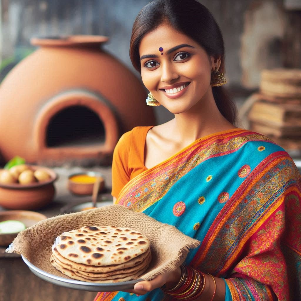 Women showing Indian bread or chapati or roti